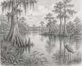 Florida Wetlands Art Print, Vintage Coastal Sketch of Marshes