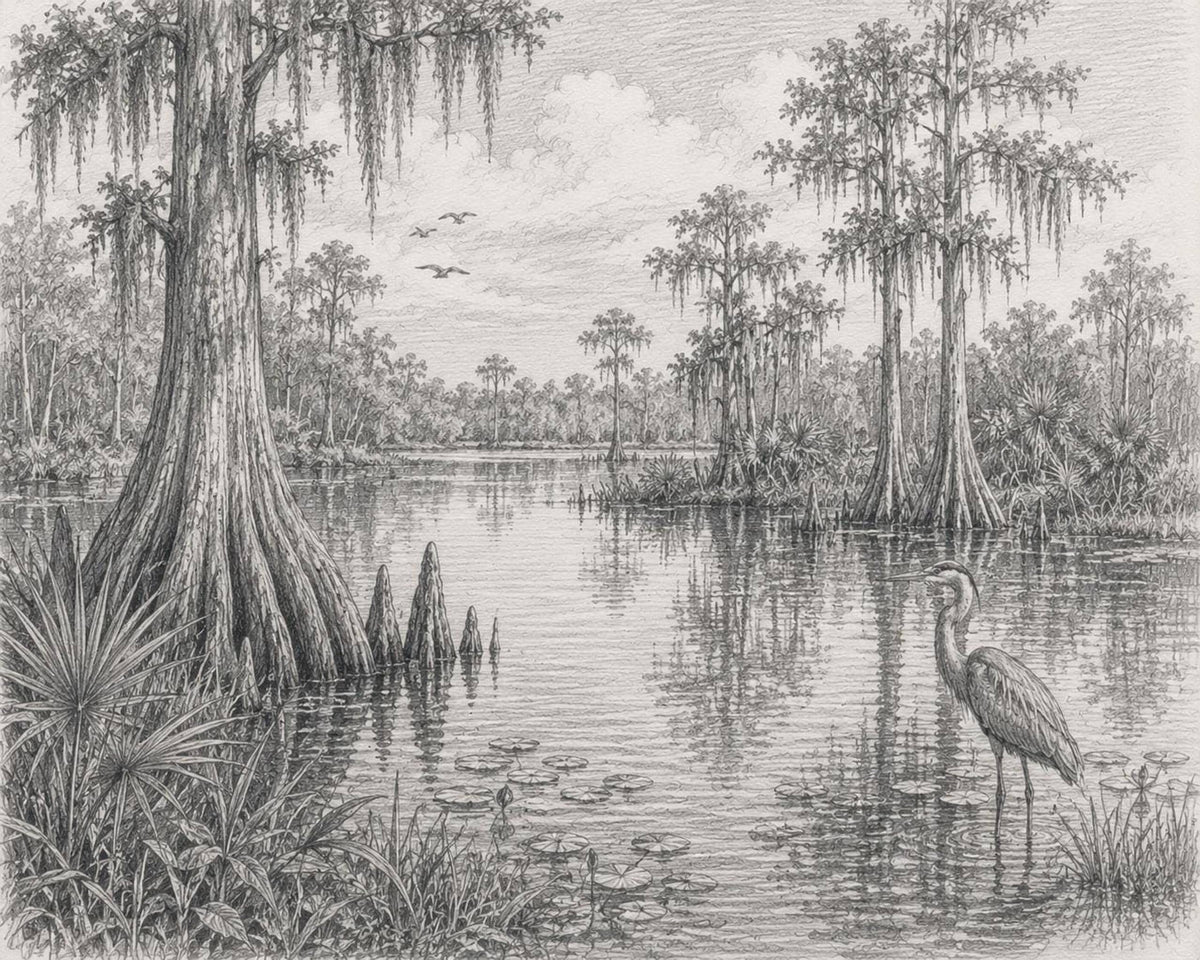 Florida Wetlands Art Print, Vintage Coastal Sketch of Marshes