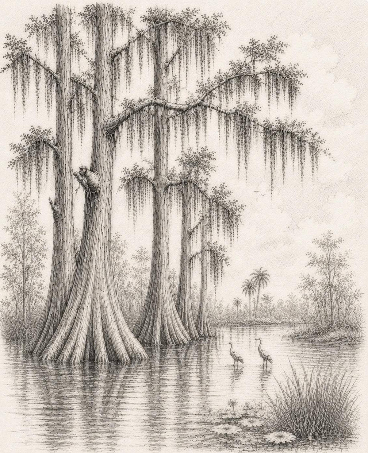 Cypress Tree Art Print, Vintage Florida Nature Sketch