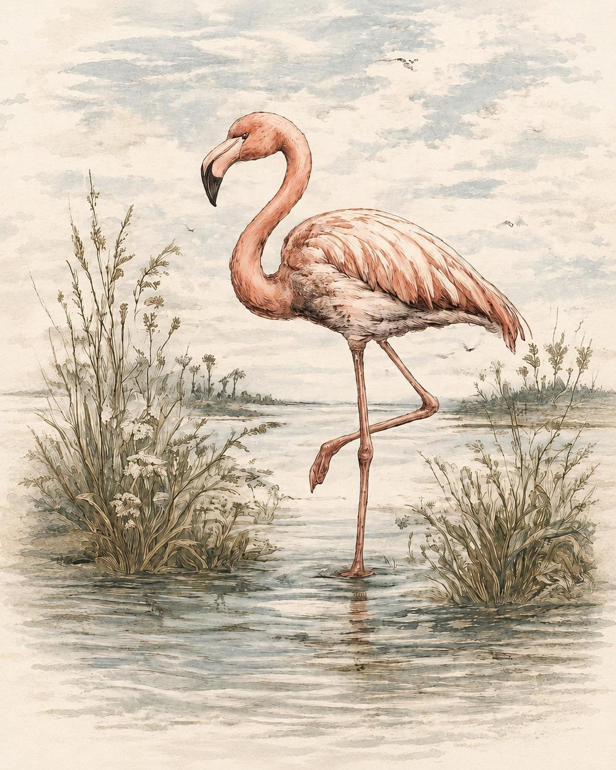 Vintage Flamingo Wall Art Print, Old Florida Coastal Decor