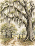 Florida Wetlands Live Oak Tree Art, Vintage Sketch of Spanish Moss
