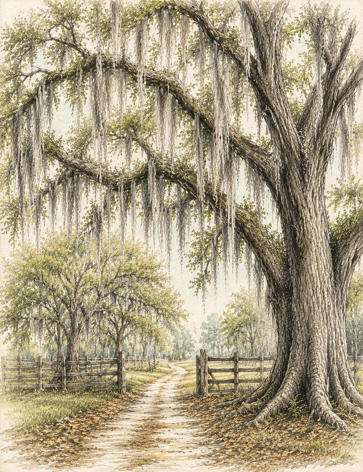 Florida Wetlands Live Oak Tree Art, Vintage Sketch of Spanish Moss