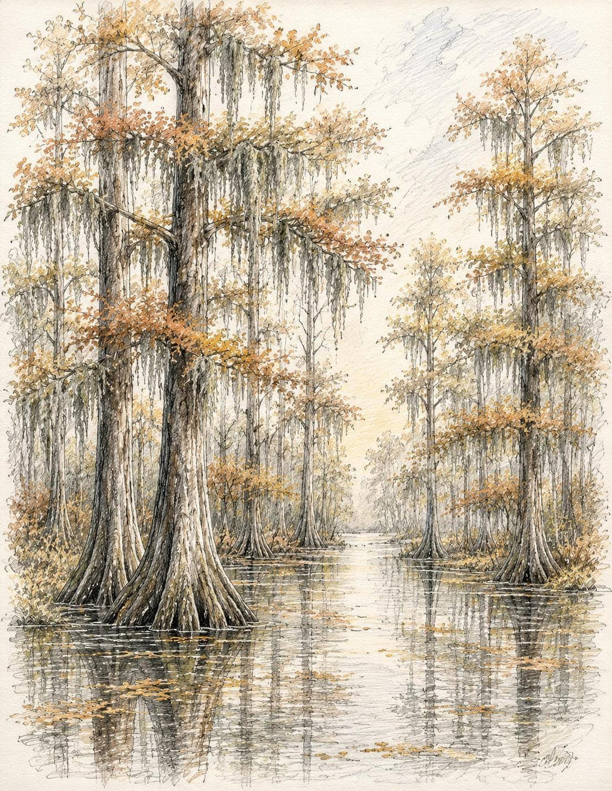 Vintage Florida Wetlands Art Print, Fall Nature Decor with Cypress Trees