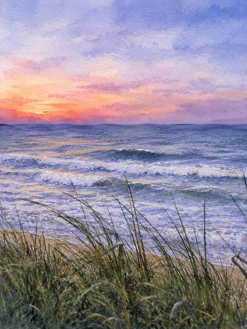Beach Sunset Print, Watercolor Ocean Art on Matte Linen Paper