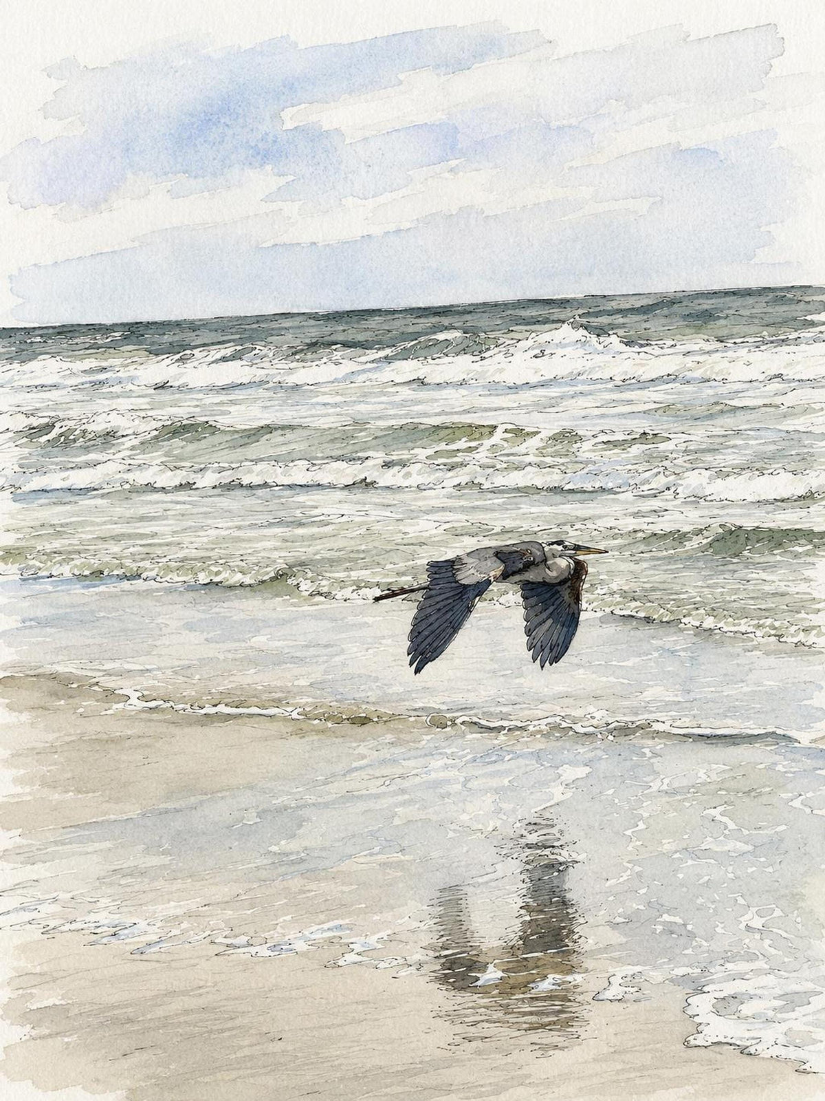 Blue Heron Watercolor Print, Coastal Bird Art, Beach House Decor