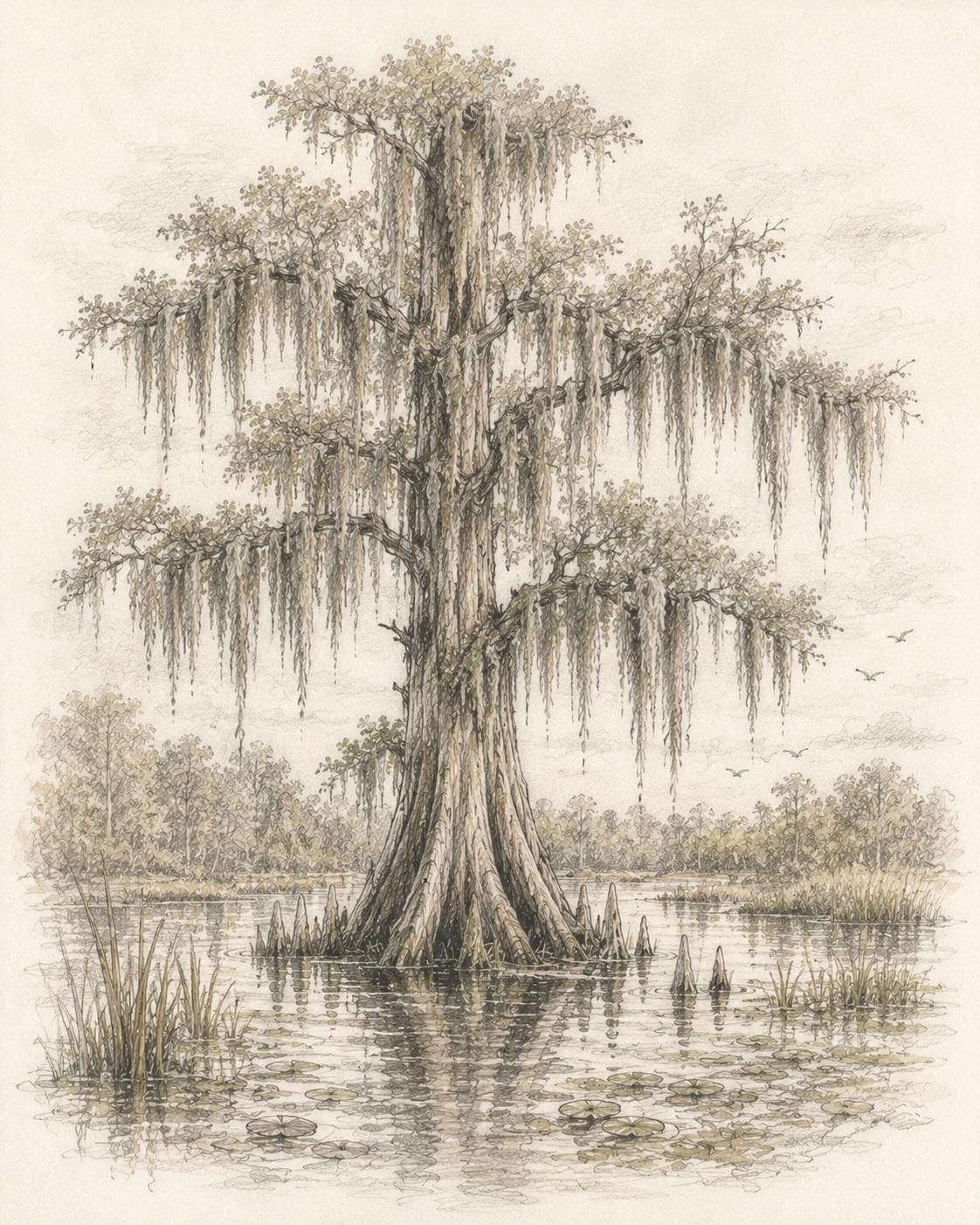 Florida Cypress Tree Sketch Print: Vintage Wetlands Wall Art (Digital Download)