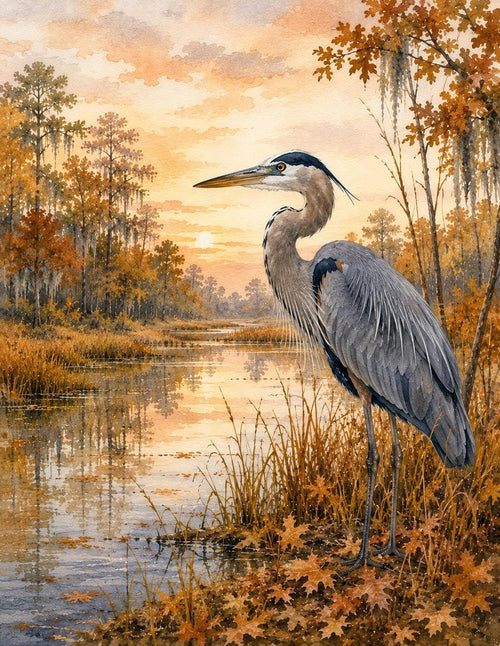 Blue Heron Watercolor Print, Autumn Wetland Bird Art (Physical Print)