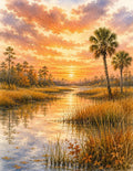 Marsh Landscape Art, Watercolor Sunset Print with Palms and Reflections