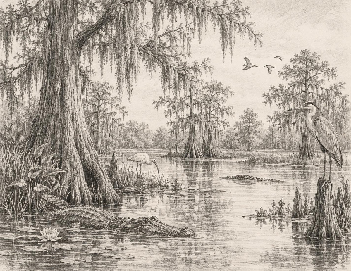Florida Swamp Wall Art Vintage Florida Sketch Alligator and Heron
