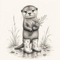 Whimsical Otter Wall Art Print: Rain Boots, Wildflowers, Pencil Sketch (Nursery Decor)