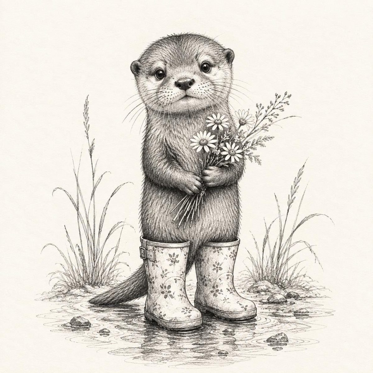 Whimsical Otter Wall Art Print: Rain Boots, Wildflowers, Pencil Sketch (Nursery Decor)