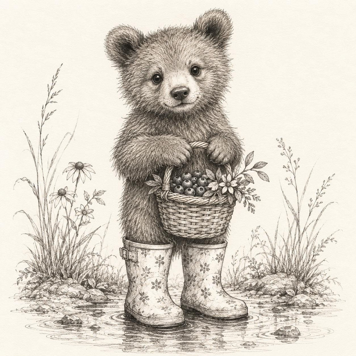 Baby Bear Wall Art Print: Woodland Nursery Decor, Cottagecore Style (Pencil Sketch)