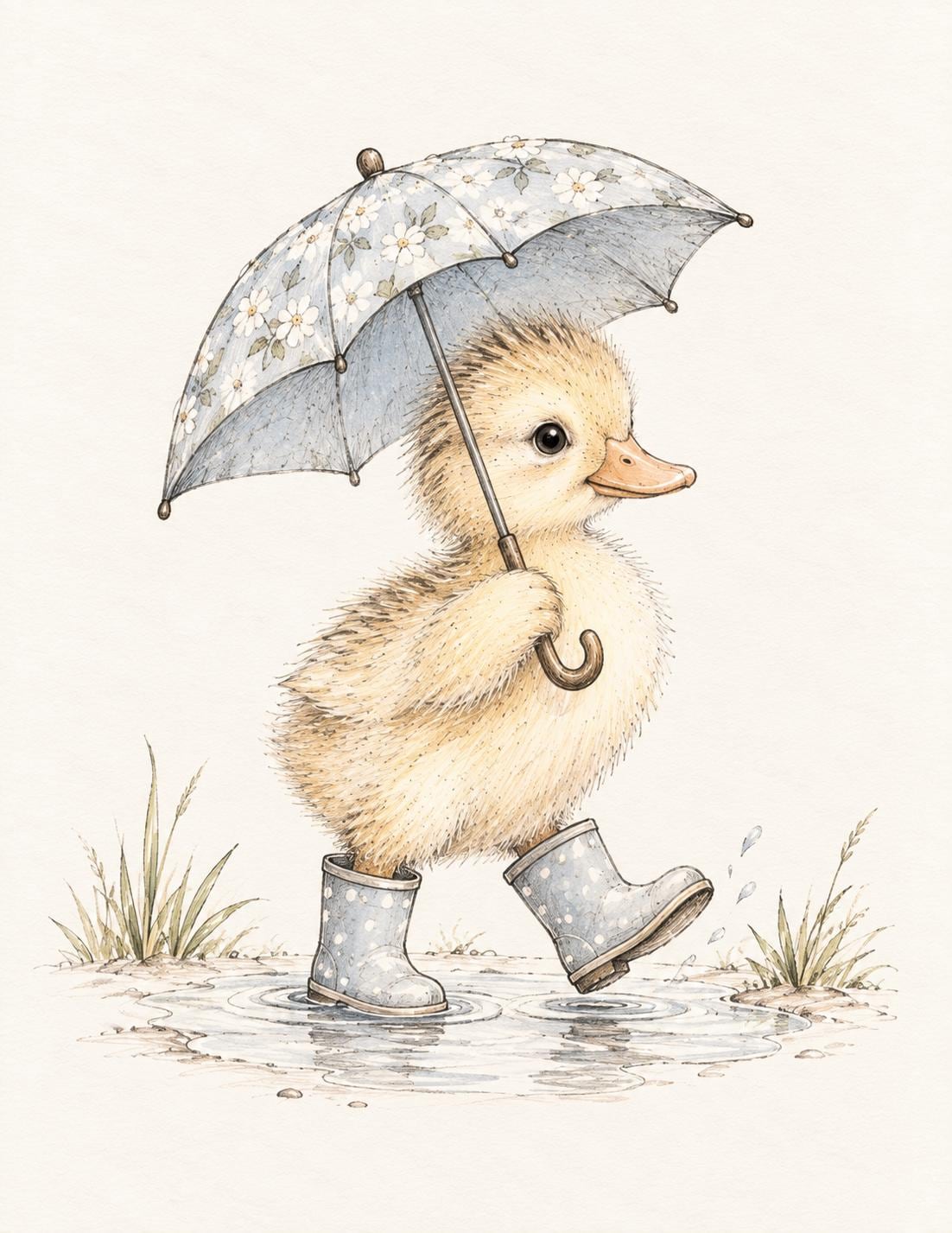 Vintage Watercolor Duckling in Rain Boots Nursery Art (Digital Download)
