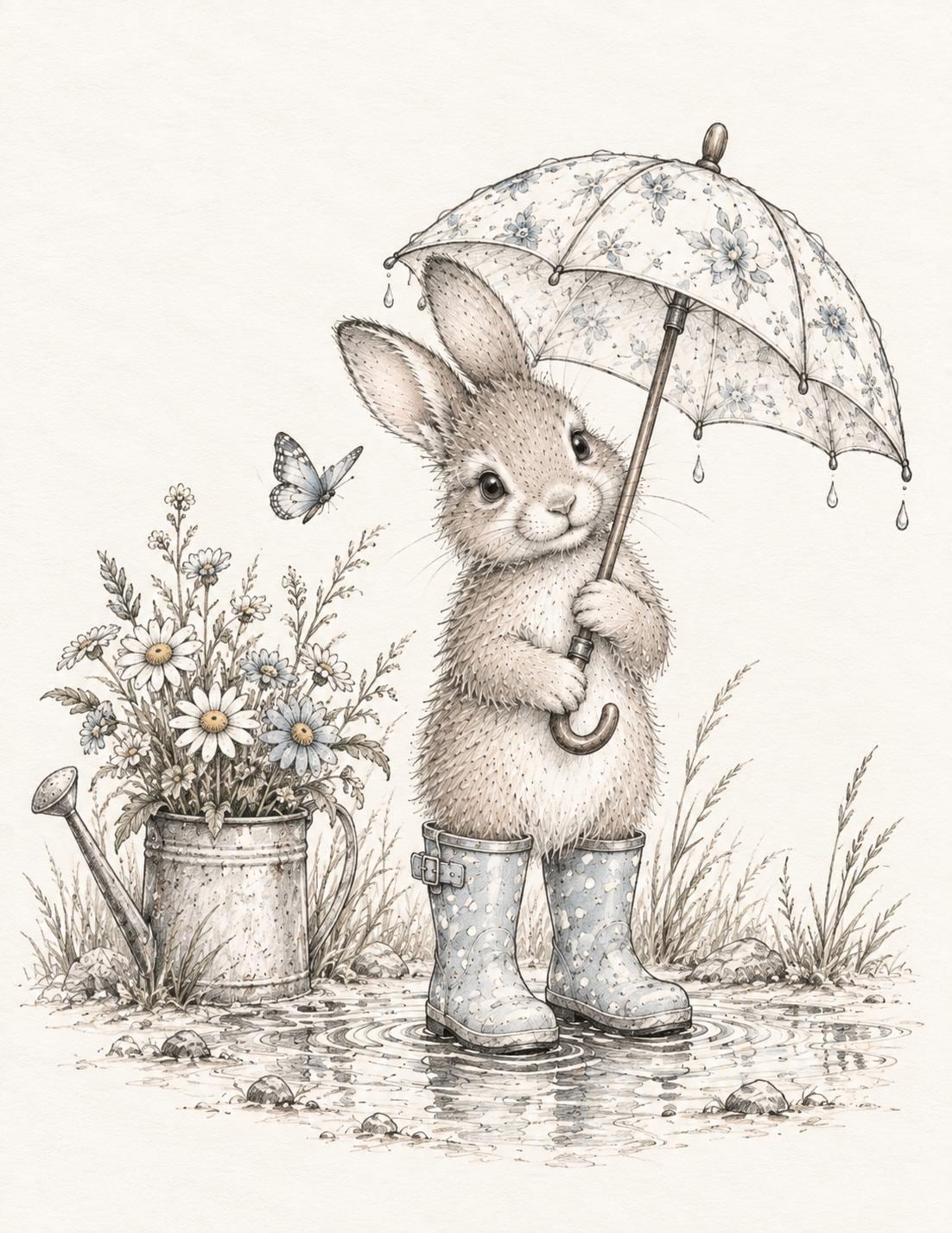 Whimsical Bunny Rainy Day Nursery Print: Cottagecore Floral Umbrella Art (11x14)