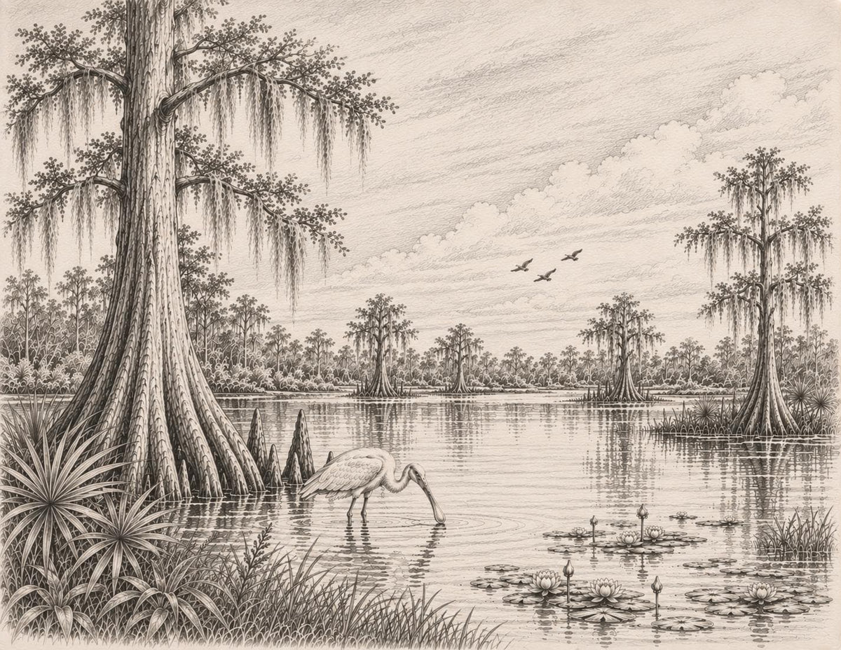 Vintage Florida Wetlands Pencil Sketch: Cypress Trees, Spanish Moss, Wading Bird