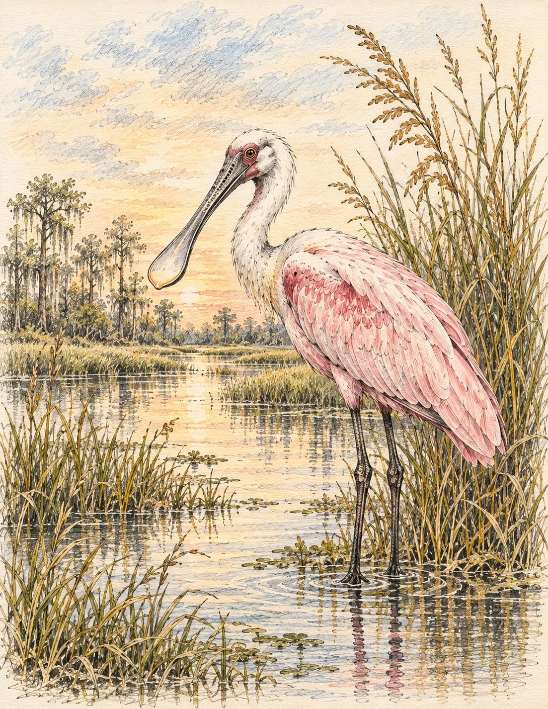Roseate Spoonbill Print, Florida Wetland Bird Art, Vintage Watercolor Wall Decor
