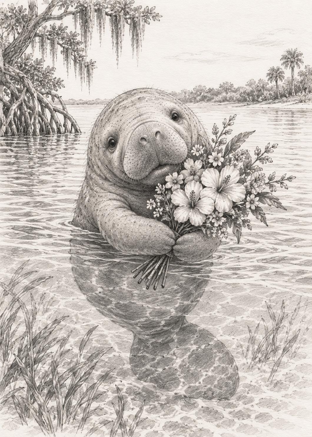 Baby Manatee Wall Art Coastal Cottage Decor Manatee with Flowers Sketch