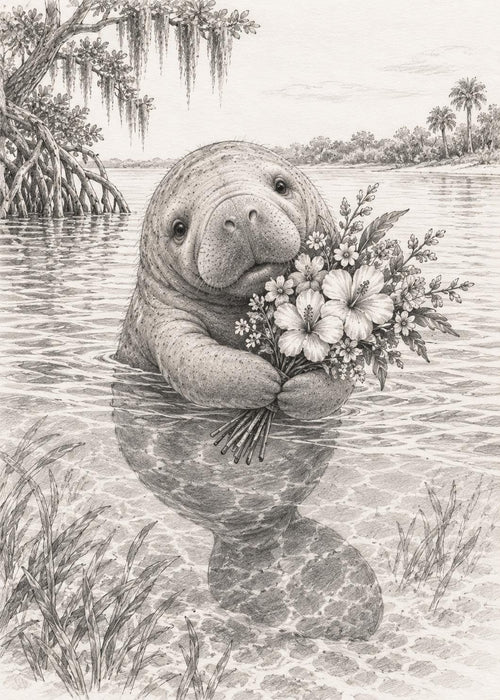 Baby Manatee Wall Art Coastal Cottage Decor Manatee with Flowers Sketch
