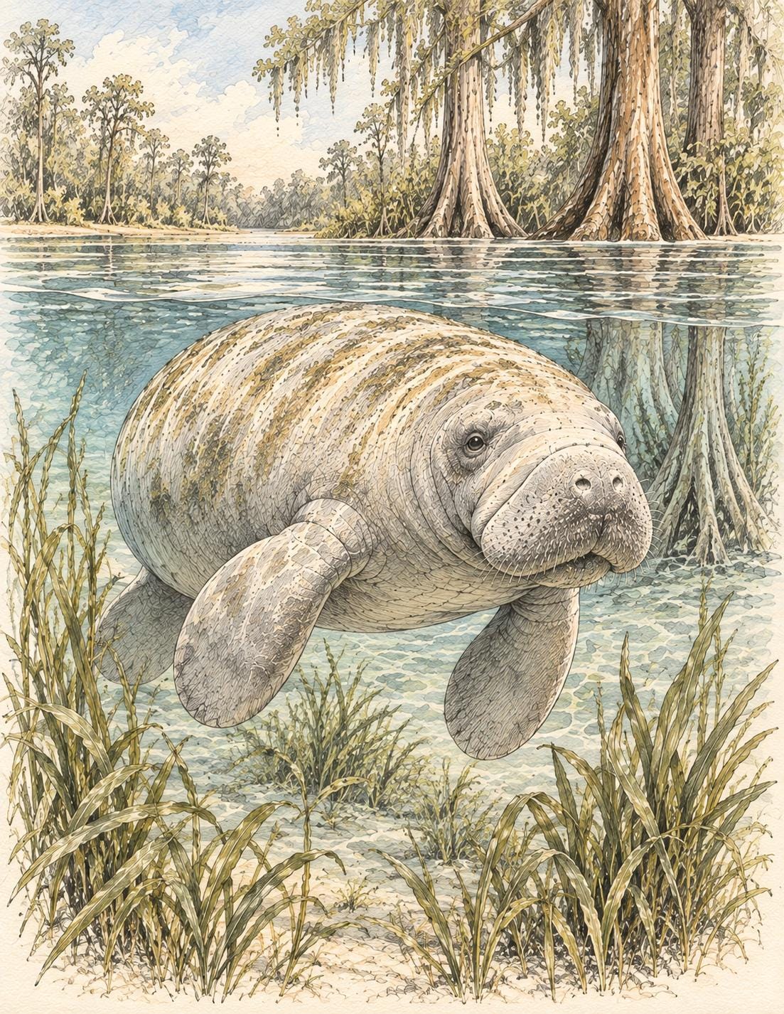Florida Manatee Print, Vintage Manatee, Florida Wildlife , Watercolor Manatee Print, Coastal Cottage Decor, Nature Wall Art