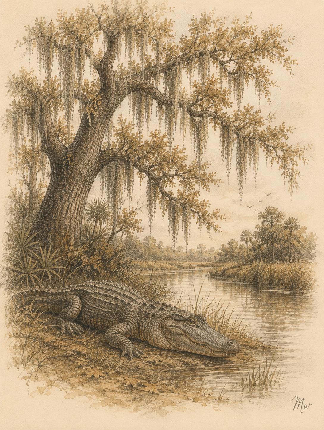 Florida Alligator Art Print, Vintage Live Oak and Spanish Moss, Old Florida Wetlands Wall Decor